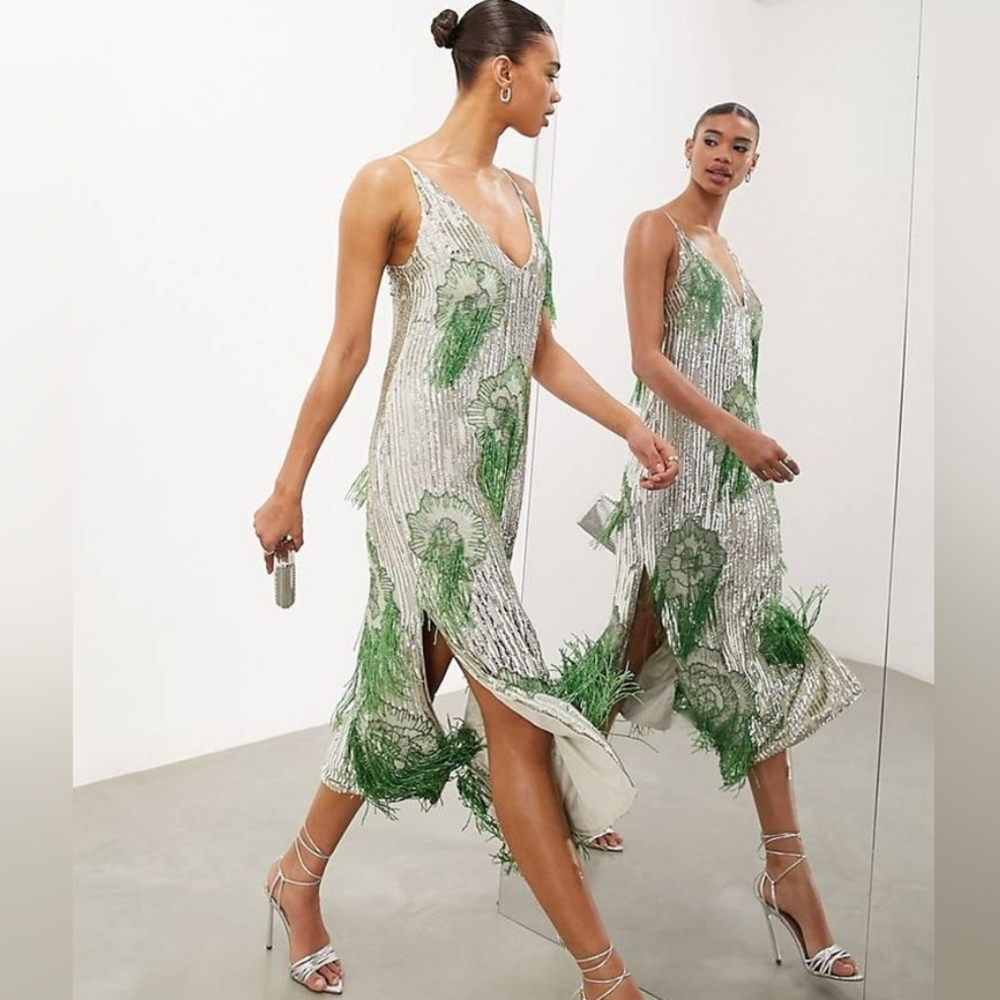 💚 ASOS EDITION Sequin cami midi dress with floral beaded fringe